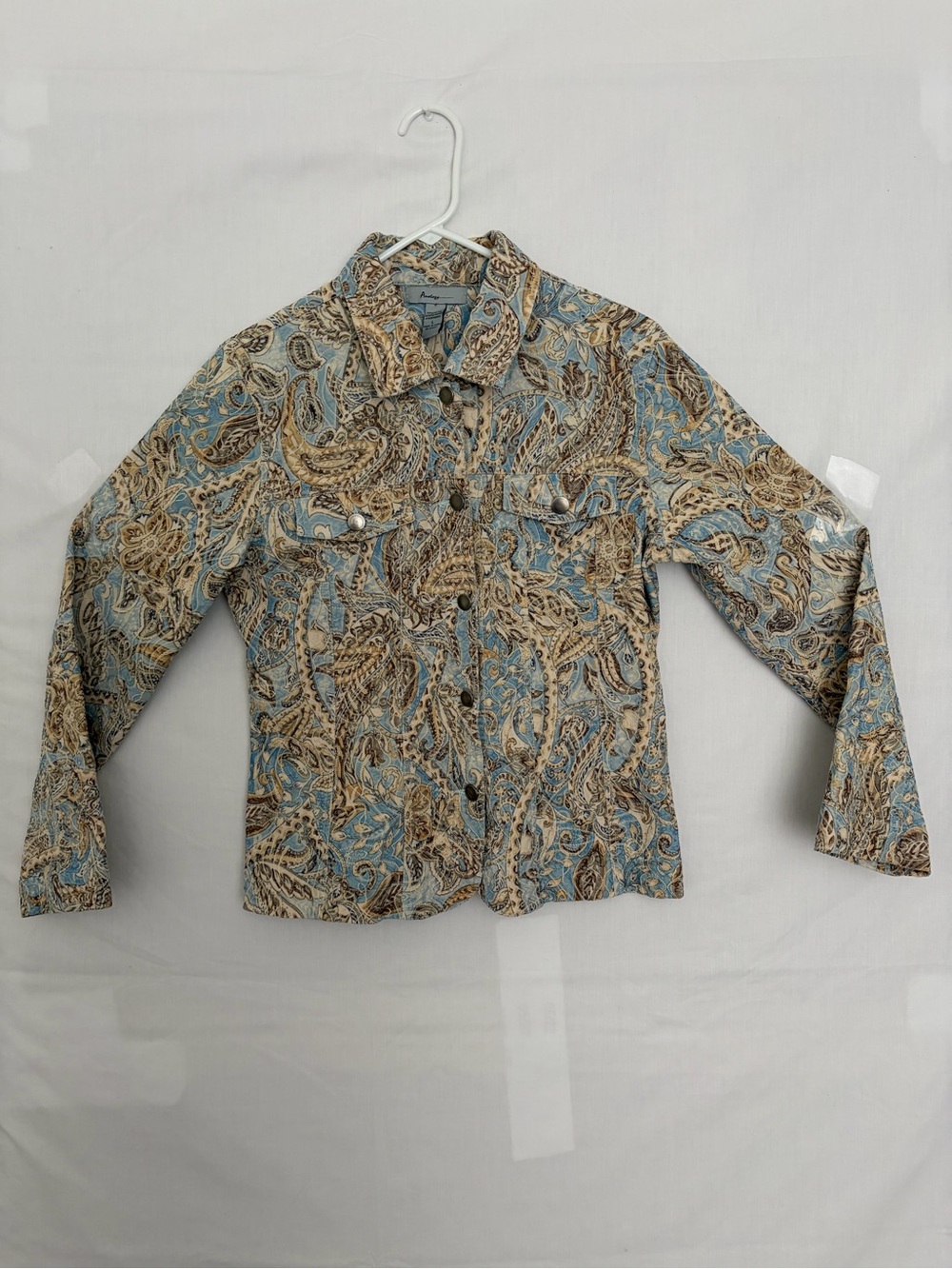 Analogy Women Blue Brown Paisley Jacquard Tapestry Trucker Jacket Stretch L(A893
